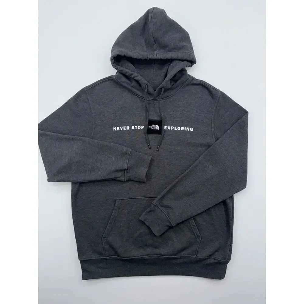 The North Face Men's Gray Pullover Hoodie M Fuzzy Black Logo Drawstring Pockets